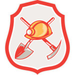 Illustration of a miner hardhat spade crossed pick axe set inside shield crest on isolated background done in retro style.